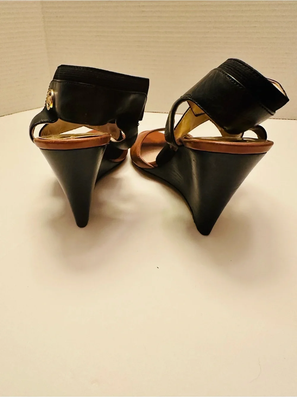 Michael Kors Tan Leather & Black Elastic Wedge Sandals